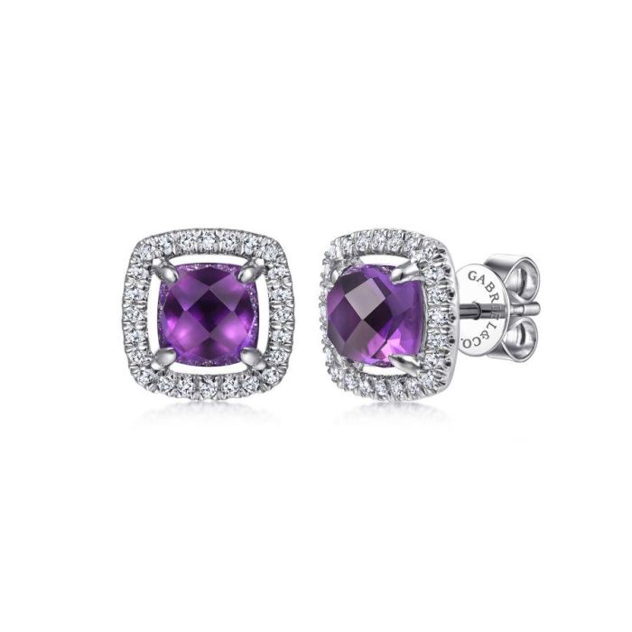 Gabriel & Co. - EG13960W45AM - 14K White Gold Cushion Cut Amethyst and Diamond Halo Stud Earrings | Hannoush Jewelers