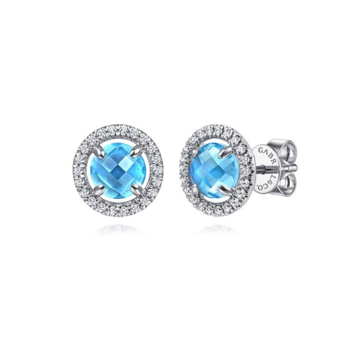 Gabriel & Co. - EG13961W45BT - 14K White Gold Round Blue Topaz Floating Diamond Halo Stud Earrings | Hannoush Jewelers