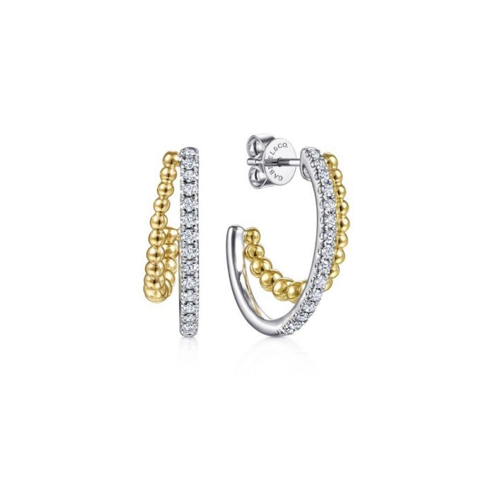 Gabriel & Co. - EG13973M45JJ - 14K Yellow-White Gold 20 mm Diamond and Bead Double Row Classic Hoop Earrings | Hannoush Jewelers