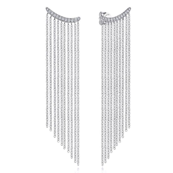 Gabriel & Co. - EG14057W45JJ - 14K White Gold Cascading Chain and Curved Diamond Stud Earrings | Hannoush Jewelers