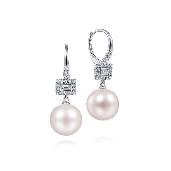 Gabriel & Co. - EG14263W45PL - 14K White Gold Diamond and Pearl Drop Earrings | Hannoush Jewelers