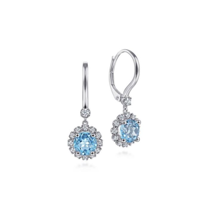 Gabriel & Co. - EG14267W45BT - 14K White Gold Round Blue Topaz and Diamond Halo Drop Earrings | Hannoush Jewelers