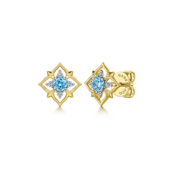 Gabriel & Co. - EG14415Y45BT - 14K Yellow Gold Floral Swiss Blue Topaz and Diamond Stud Earrings | Hannoush Jewelers