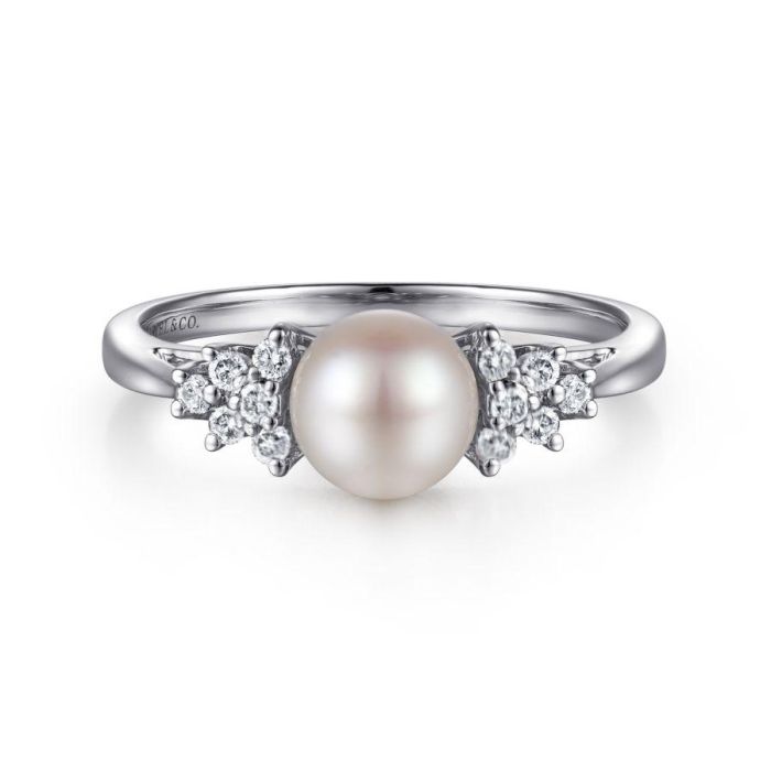 Gabriel & Co. - LR3607W45PL - 14K White Gold Classic Cultured Pearl Diamond Accented Stackable Ring | Hannoush Jewelers