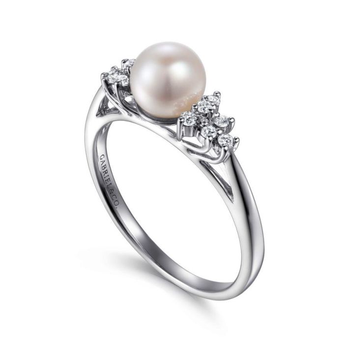 Gabriel & Co. - LR3607W45PL - 14K White Gold Classic Cultured Pearl Diamond Accented Stackable Ring | Hannoush Jewelers