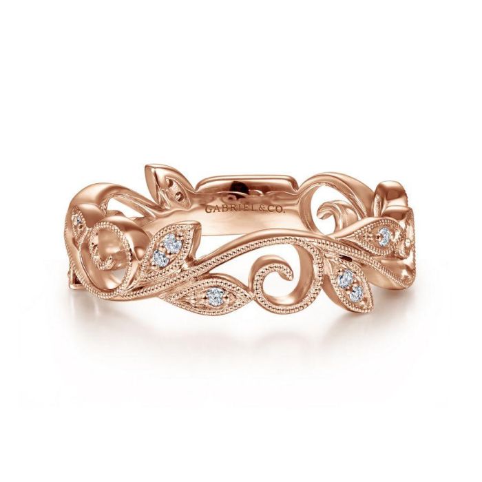 Gabriel & Co. - LR4593K45JJ - 14K Rose Gold Scrolling Floral Diamond Ring | Hannoush Jewelers