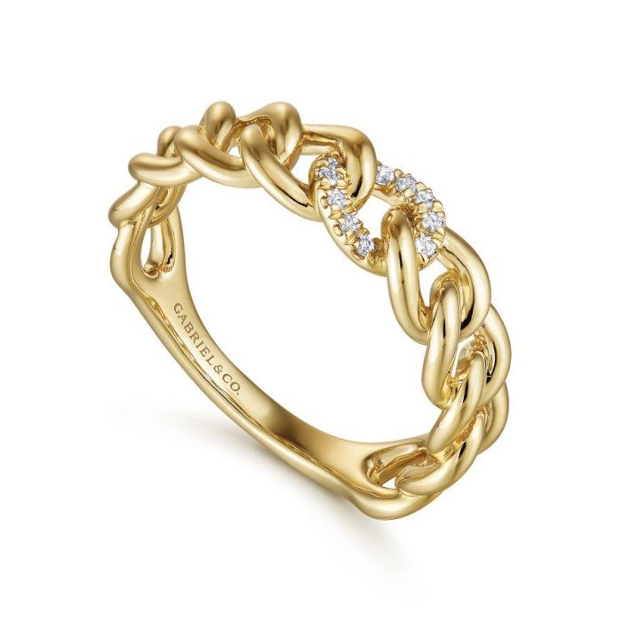 Gabriel & Co. - LR51250Y45JJ - 14K Yellow Gold Chain Link Ring Band with Pavﾂ Diamond Station | Hannoush Jewelers