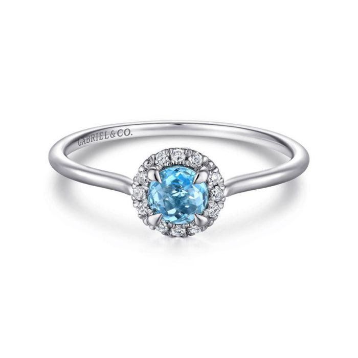 Gabriel & Co. - LR51264W45BT - 14K White Gold Round Blue Topaz and Diamond Halo Ring | Hannoush Jewelers