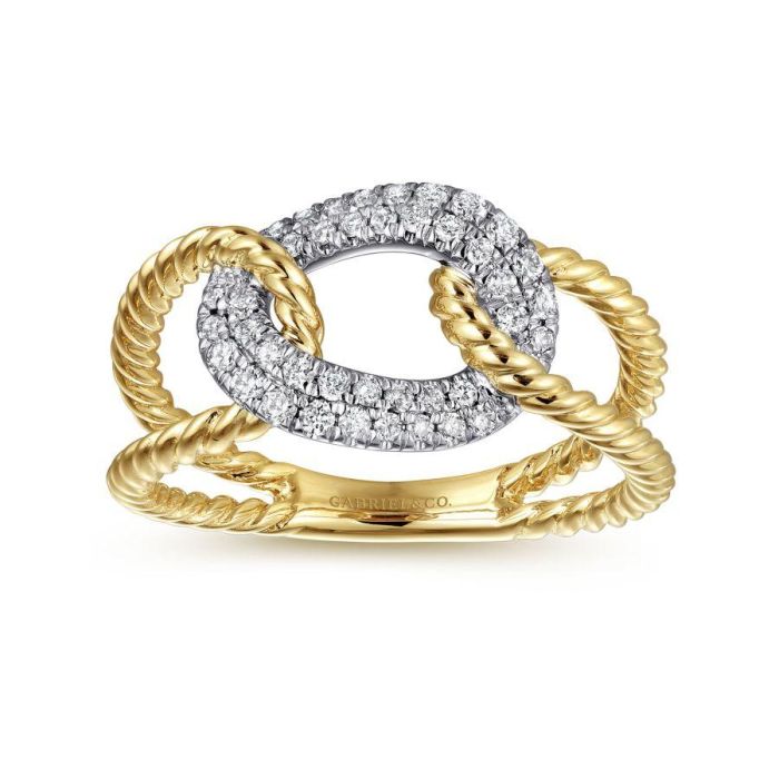 Gabriel & Co. - LR51318M45JJ - 14K Yellow and White Gold Twisted Rope Link Ring with Diamond Pavﾂ Station | Hannoush Jewelers