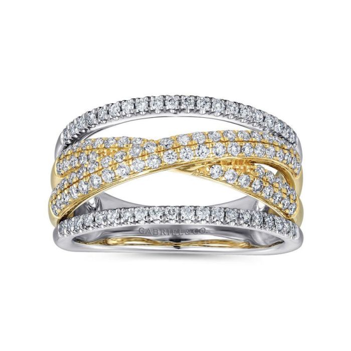 Gabriel & Co. - LR51337M45JJ - 14K Yellow and White Gold Criss Crossing Multi Row Diamond Ring | Hannoush Jewelers