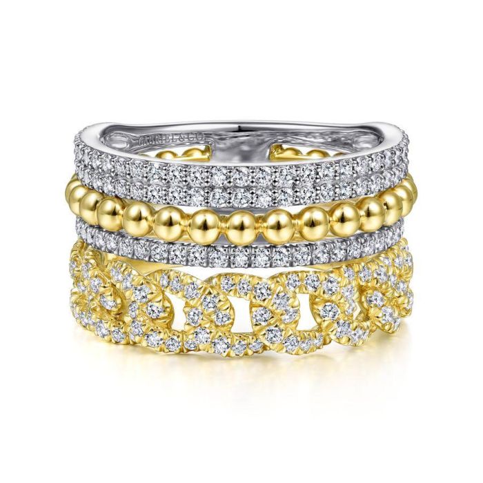 Gabriel & Co. - LR51517M45JJ - 14K White-Yellow Gold Wide Band Layered Diamond Ring | Hannoush Jewelers