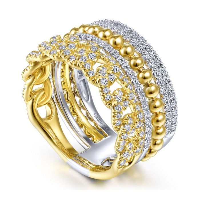 Gabriel & Co. - LR51517M45JJ - 14K White-Yellow Gold Wide Band Layered Diamond Ring | Hannoush Jewelers