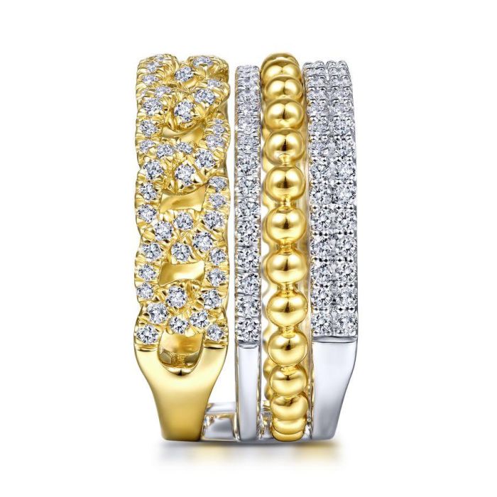 Gabriel & Co. - LR51517M45JJ - 14K White-Yellow Gold Wide Band Layered Diamond Ring | Hannoush Jewelers