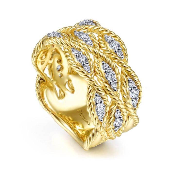 Gabriel & Co. - LR51558Y45JJ - 14K Yellow Gold Twisted Braided Diamond Wide Band Ring | Hannoush Jewelers