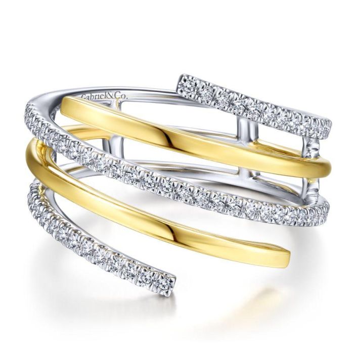 Gabriel & Co. - LR51560M45JJ - 14K White-Yellow Gold Plain and Diamond Row Statement Ring | Hannoush Jewelers