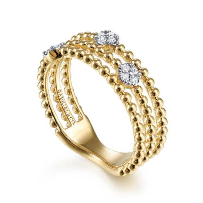 Gabriel & Co. - LR51602Y45JJ - 14K Yellow Gold Three Row Beaded Ring with Pav‚ Diamond Cluster Stations | Hannoush Jewelers