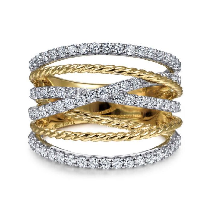 Gabriel & Co. - LR51623M45JJ - 14K White-Yellow Gold Twisted Rope and Diamond Multi Row Ring | Hannoush Jewelers