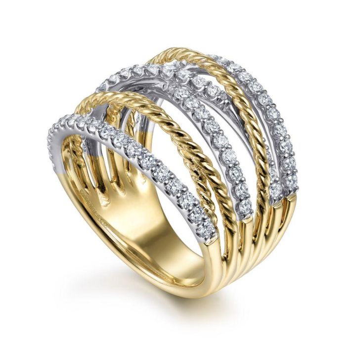 Gabriel & Co. - LR51623M45JJ - 14K White-Yellow Gold Twisted Rope and Diamond Multi Row Ring | Hannoush Jewelers