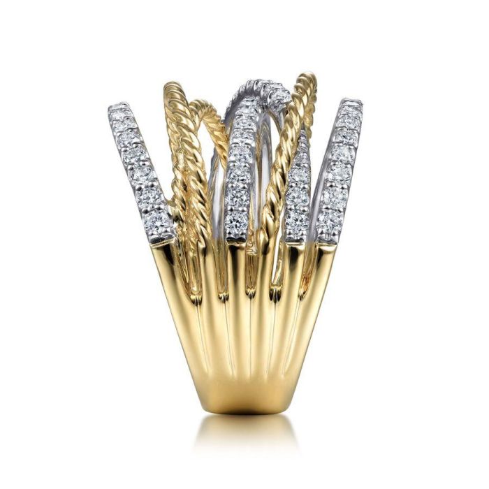 Gabriel & Co. - LR51623M45JJ - 14K White-Yellow Gold Twisted Rope and Diamond Multi Row Ring | Hannoush Jewelers