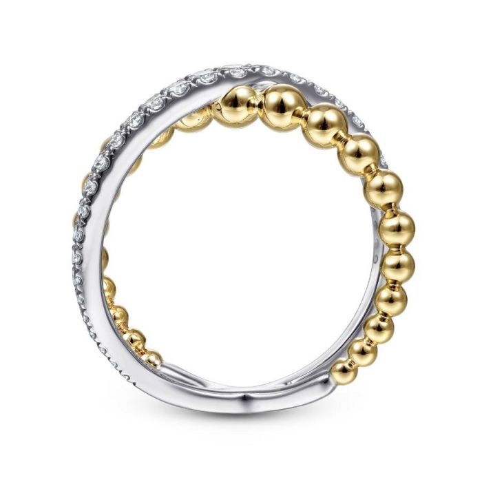 Gabriel & Co. - LR51628M45JJ - 14K White-Yellow Gold Bujukan Diamond and Metal Bead Criss Cross Ring | Hannoush Jewelers