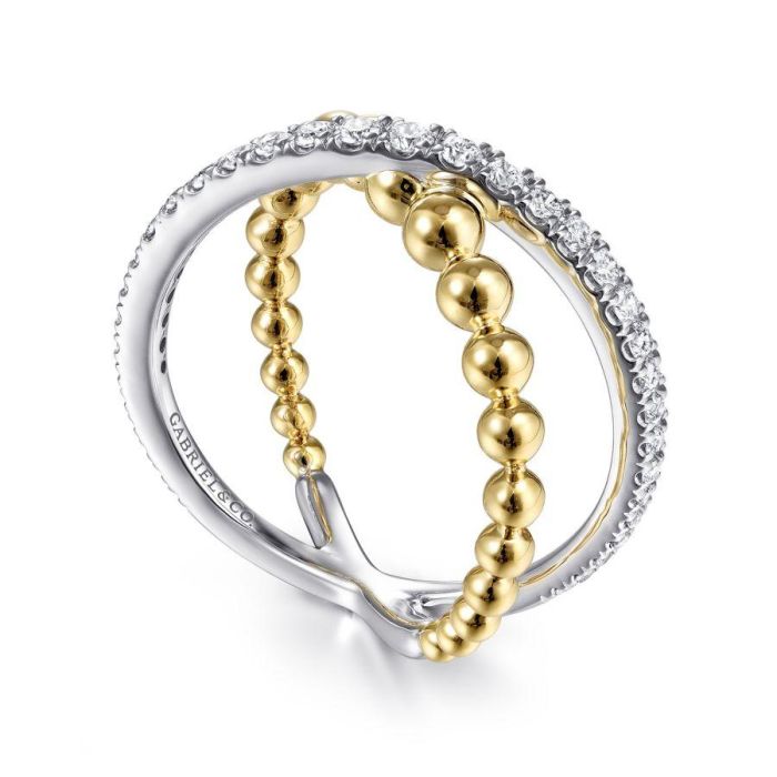 Gabriel & Co. - LR51628M45JJ - 14K White-Yellow Gold Bujukan Diamond and Metal Bead Criss Cross Ring | Hannoush Jewelers