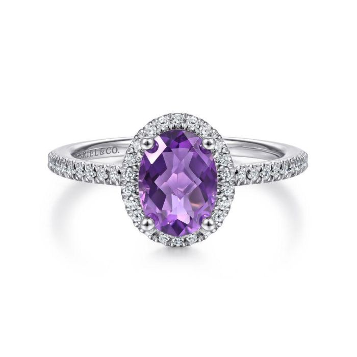 Gabriel & Co. - LR51737W45AM - 14K White Gold Oval Amethyst and Diamond Halo Ring | Hannoush Jewelers