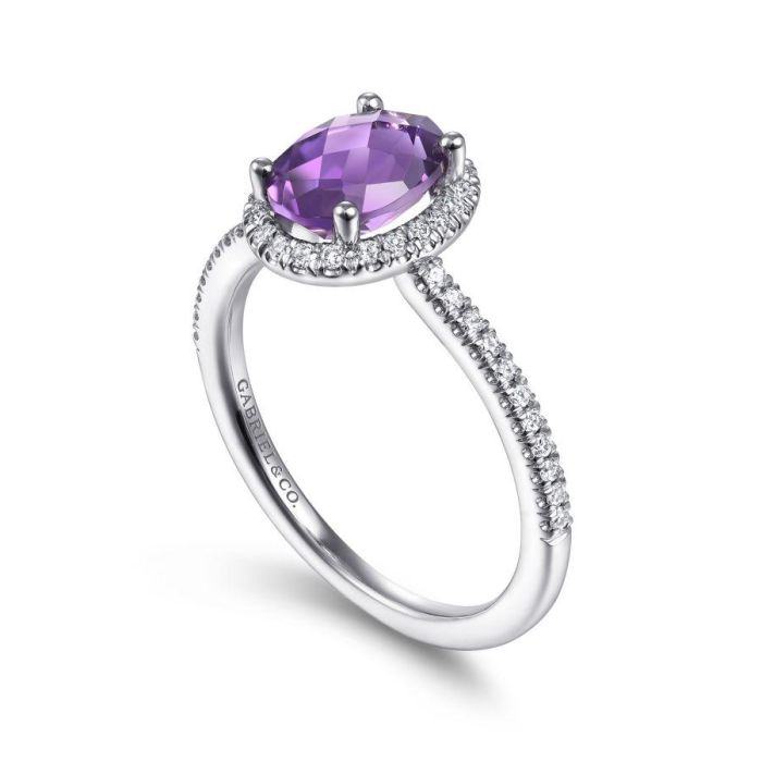 Gabriel & Co. - LR51737W45AM - 14K White Gold Oval Amethyst and Diamond Halo Ring | Hannoush Jewelers