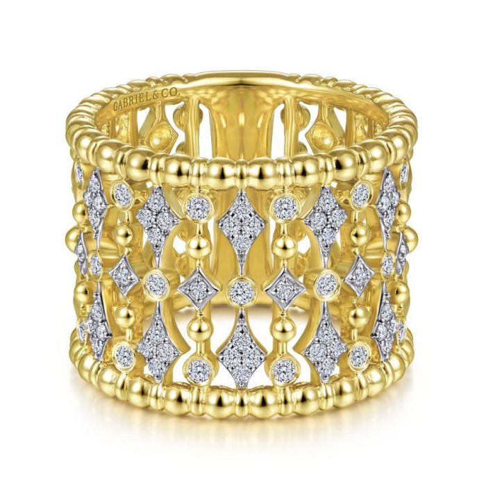 Gabriel & Co. - LR51743Y45JJ - 14K Yellow Gold Wide Bujukan Ball and Diamond Statement Ring | Hannoush Jewelers