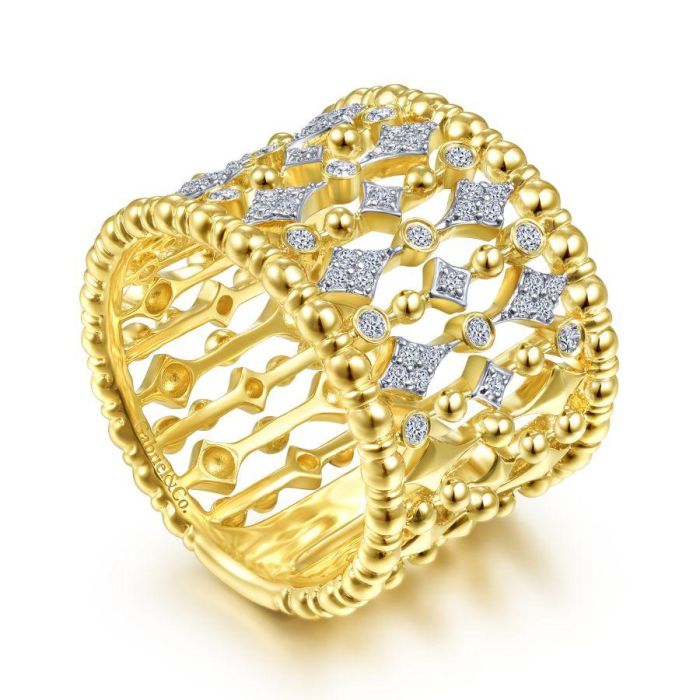 Gabriel & Co. - LR51743Y45JJ - 14K Yellow Gold Wide Bujukan Ball and Diamond Statement Ring | Hannoush Jewelers