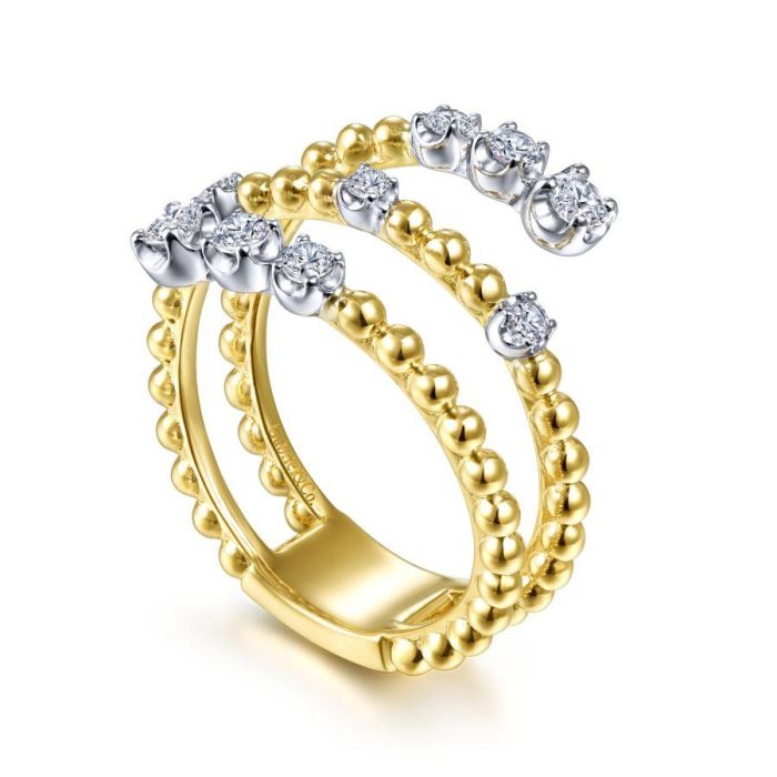 Gabriel & Co. - LR51746M45JJ - 14K White-Yellow Gold Bujukan Ball and Diamond Open Bypass Wrap Ring | Hannoush Jewelers