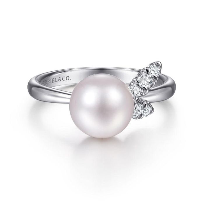 Gabriel & Co. - LR51805W45PL - 14K White Gold Pearl Ring with Diamond Leaves | Hannoush Jewelers