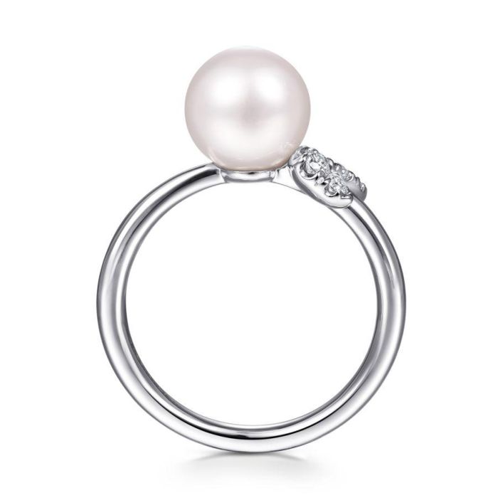 Gabriel & Co. - LR51805W45PL - 14K White Gold Pearl Ring with Diamond Leaves | Hannoush Jewelers