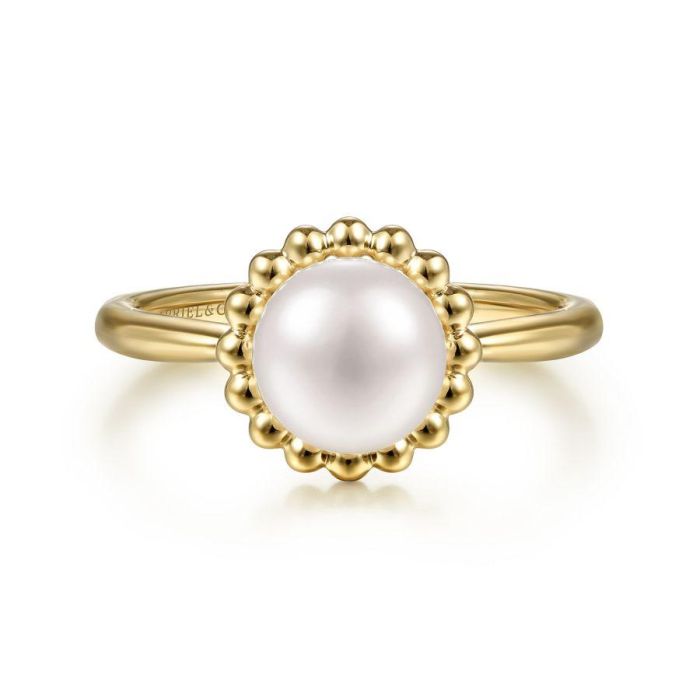 Gabriel & Co. - LR51835Y4JPL - 14K Yellow Gold Pearl Ring with Bujukan Beaded Halo | Hannoush Jewelers