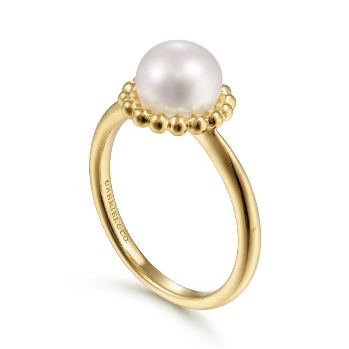 Gabriel & Co. - LR51835Y4JPL - 14K Yellow Gold Pearl Ring with Bujukan Beaded Halo | Hannoush Jewelers