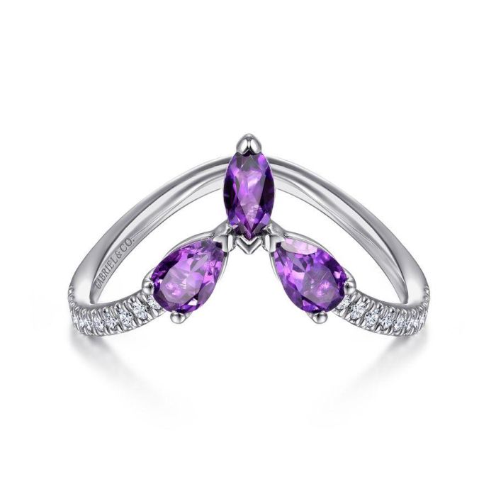 Gabriel & Co. - LR51840W45AM - 14K White Gold Amethyst and Diamond Curved V Ring | Hannoush Jewelers