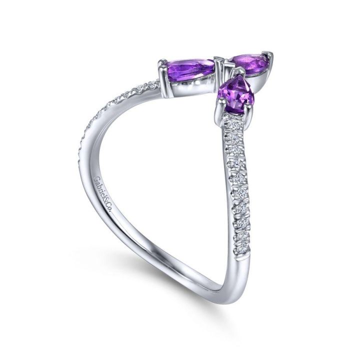 Gabriel & Co. - LR51840W45AM - 14K White Gold Amethyst and Diamond Curved V Ring | Hannoush Jewelers