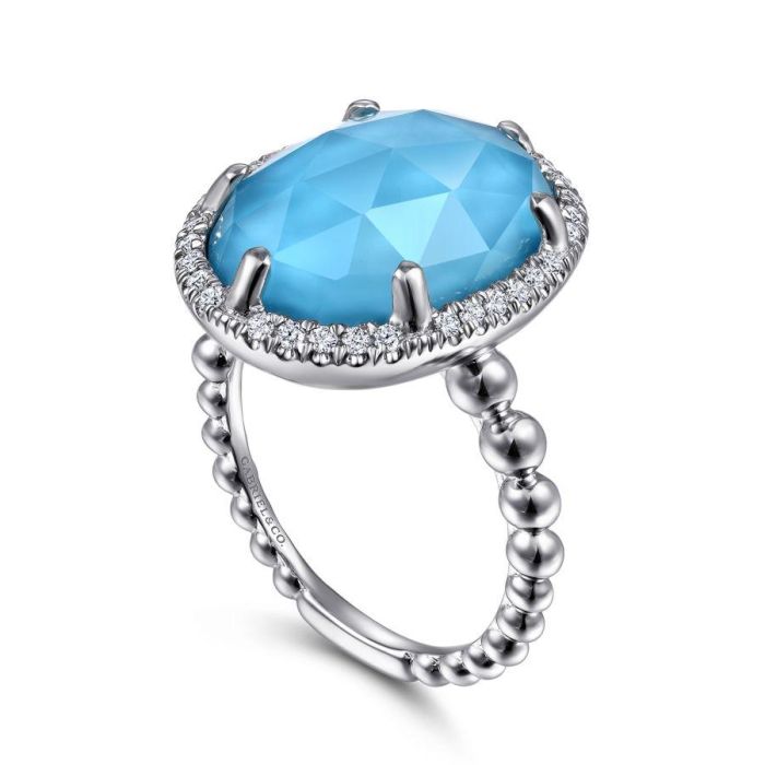 Gabriel & Co. - LR51895XTSVJMC - 925 Sterling Silver Oval Rock Crystal and Turquoise Ring with White Sapphire Halo | Hannoush Jewelers