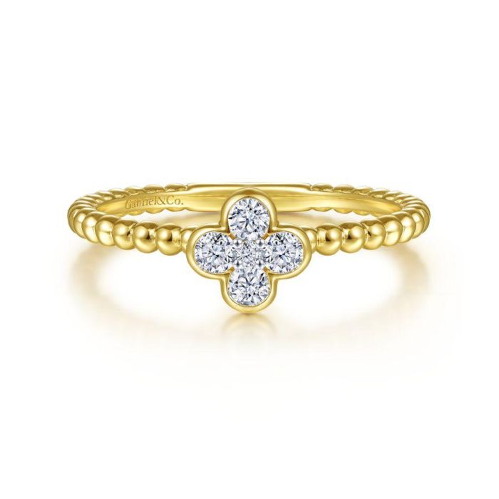 Gabriel & Co. - LR51911Y45JJ - 14K Yellow Gold Diamond Cluster Clover and Bujukan Bead Ring | Hannoush Jewelers