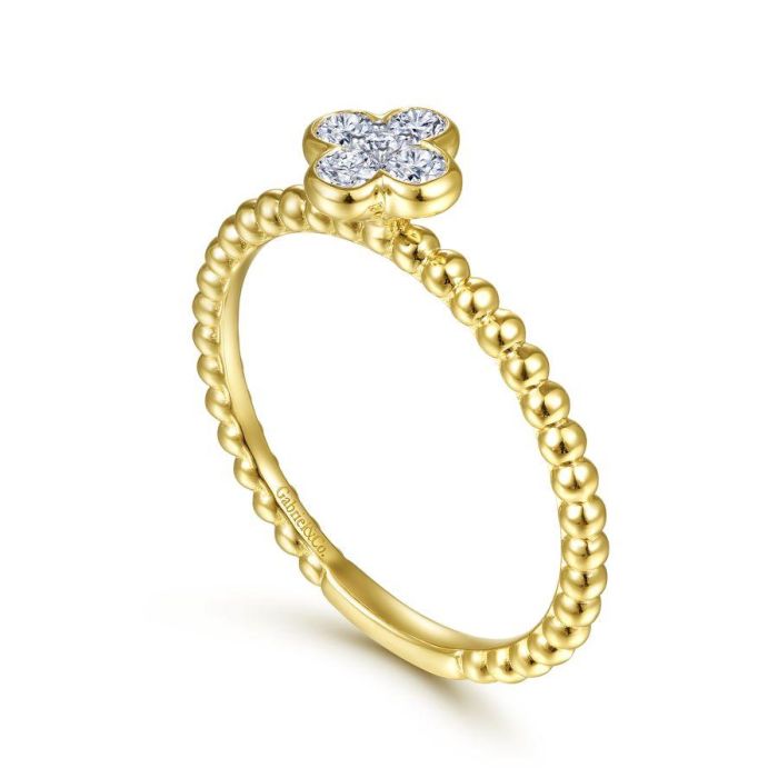 Gabriel & Co. - LR51911Y45JJ - 14K Yellow Gold Diamond Cluster Clover and Bujukan Bead Ring | Hannoush Jewelers