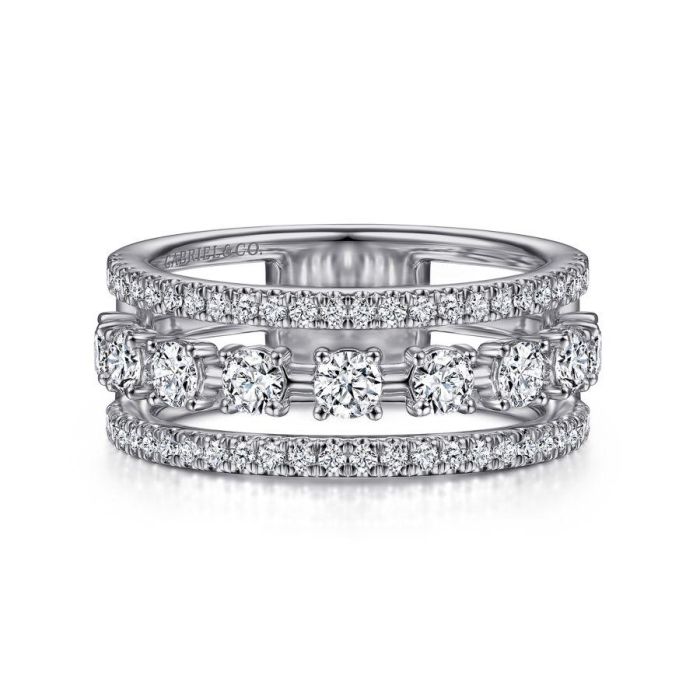 Gabriel & Co. - LR52007W45JJ - 14K White Gold Three Row Diamond Station Ring | Hannoush Jewelers