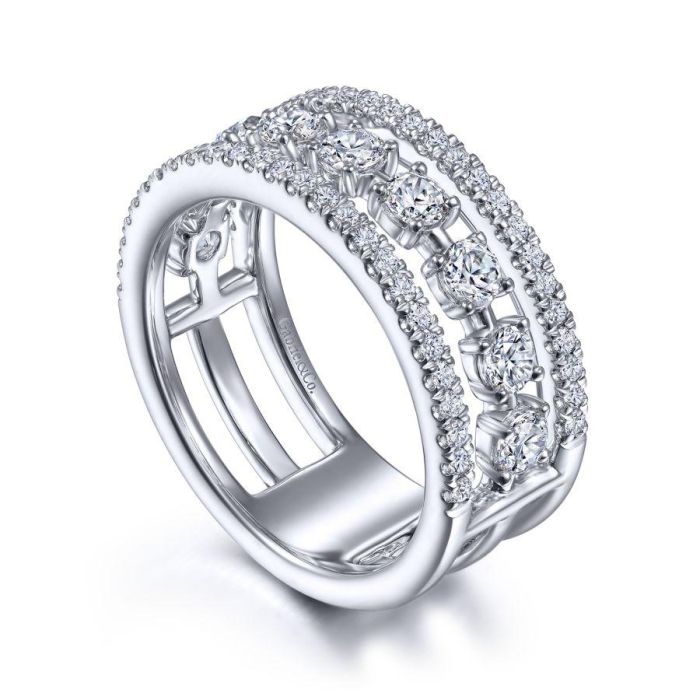 Gabriel & Co. - LR52007W45JJ - 14K White Gold Three Row Diamond Station Ring | Hannoush Jewelers