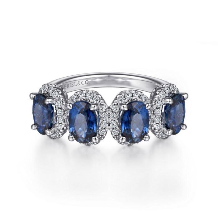 Gabriel & Co. - LR52022W45SA - 14K White Gold Diamond and Sapphire Oval Halo Ring | Hannoush Jewelers