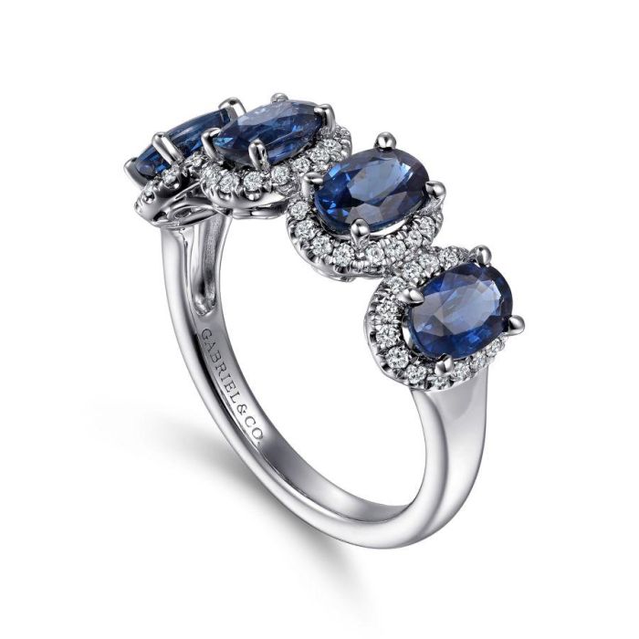 Gabriel & Co. - LR52022W45SA - 14K White Gold Diamond and Sapphire Oval Halo Ring | Hannoush Jewelers