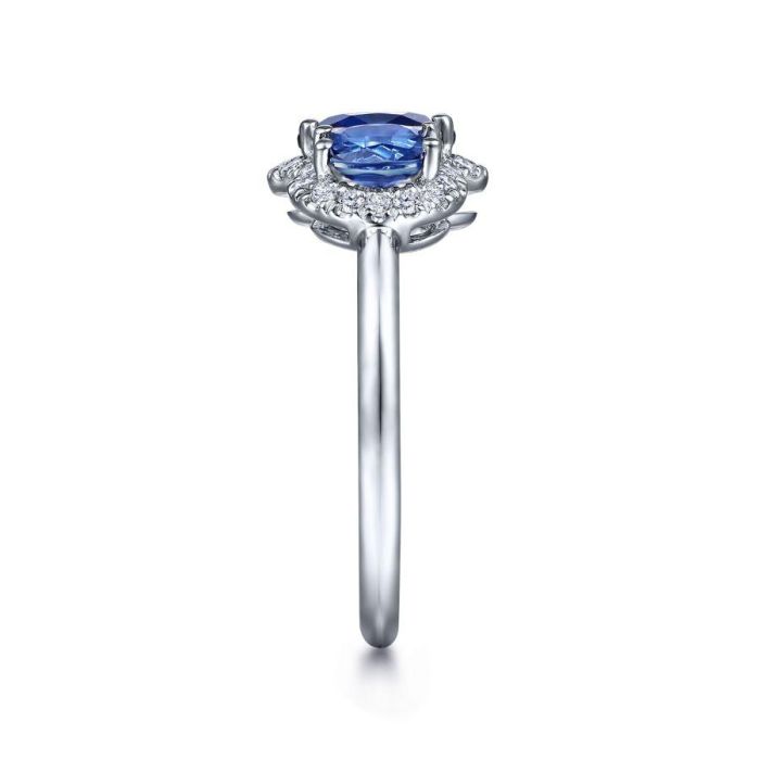 Gabriel & Co. - LR52023W45SA - 14K White Gold Diamond and Sapphire Oval Halo Three Stone Ring | Hannoush Jewelers