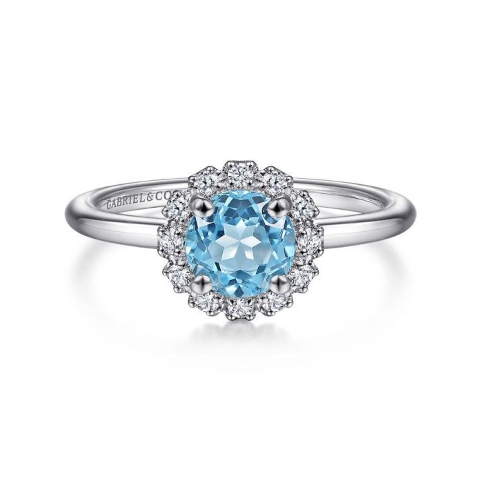 Gabriel & Co. - LR52024W45BT - 14K White Gold Round Blue Topaz and Diamond Halo Ring | Hannoush Jewelers