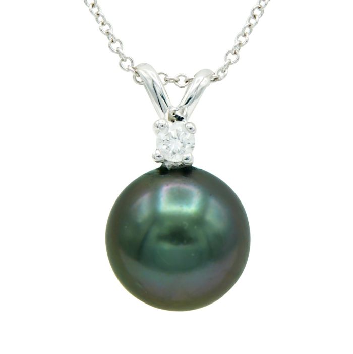 14K White Gold Tahitian Pearl and Diamond 18 Inch Pendant | Hannoush Jewelers