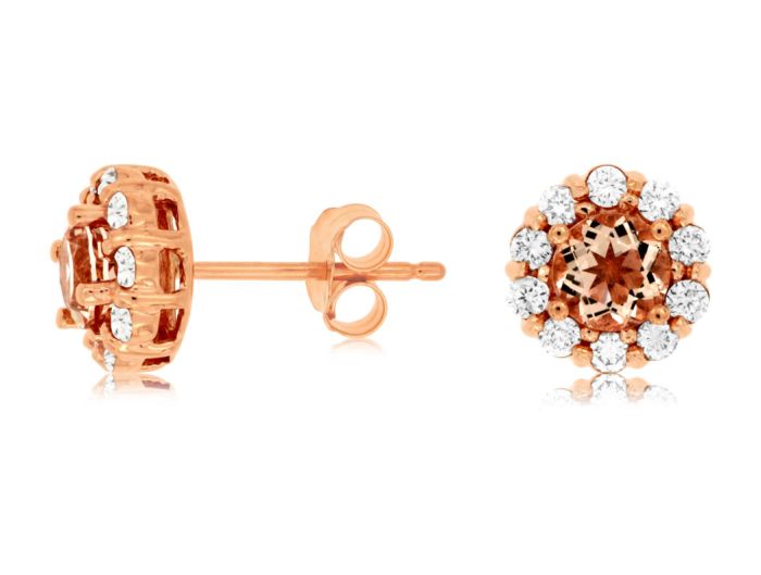 14k Rose Gold Morganite and Diamond Halo Earrings pe3762m | Hannoush Jewelers