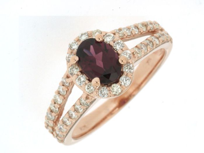 14k Rose Gold Halo Rhodolite Garnet and Diamond Ring pr3880l | Hannoush Jewelers