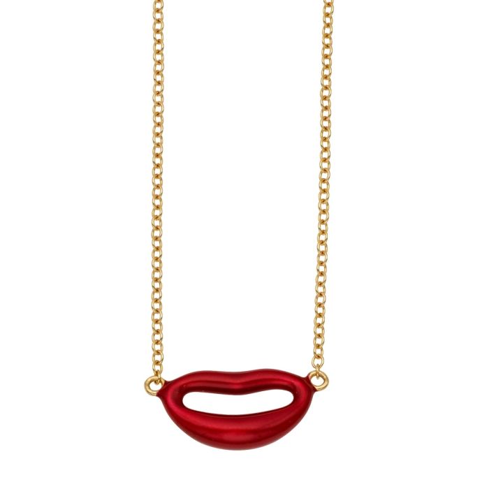 14K Yellow Gold 18" Lipstick Red Enamel Italian Kiss Necklace with Extender RC5590-18 | Hannoush Jewelers