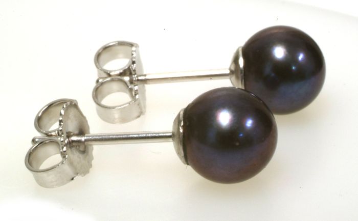 14K White Gold Black Pearl Stud Earrings 6x6.5MM SE01549 | Hannoush Jewelers